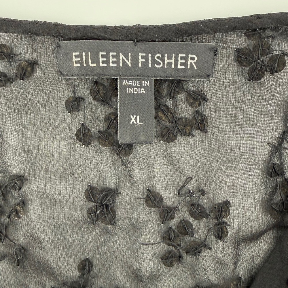 Eileen Fisher Silk Sequin Black Sheer High-Low Shift Dress Gold XL Sleeveless - Picture 3 of 9